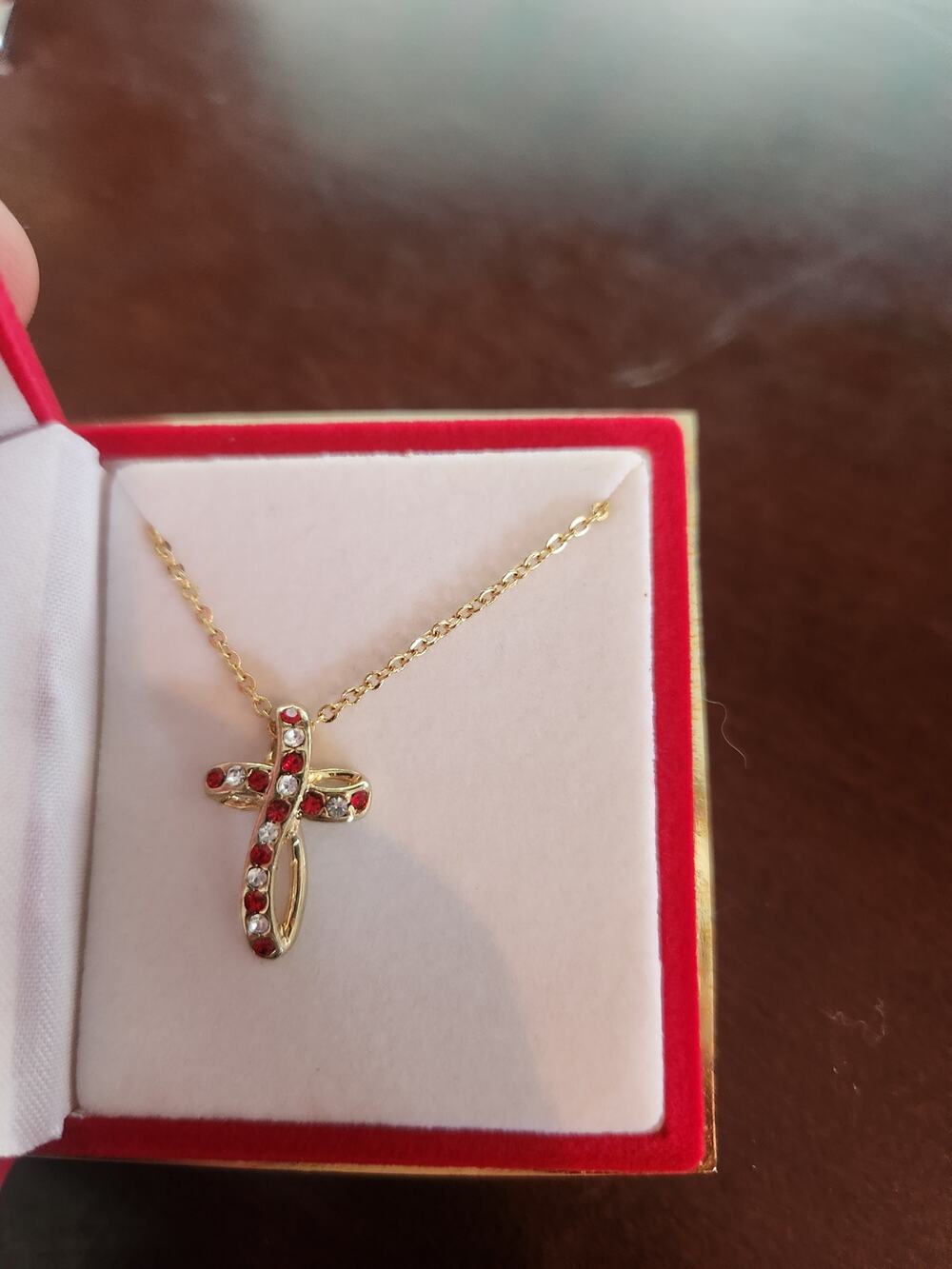 Gold Tone Cross Pendant Necklace Ruby Red Crystal Accents